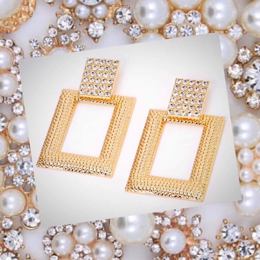 Big Gold Rhinestone DoorKnocker Geometric Earrings